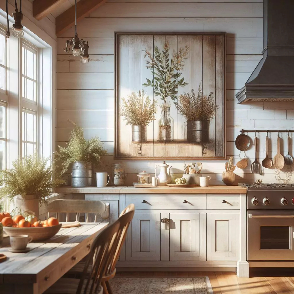 "Personalized farmhouse kitchen featuring farmhouse-inspired art, including vintage prints, farmhouse-themed paintings, or displayed family recipes in decorative frames, adding a personal touch and enhancing visual appeal."