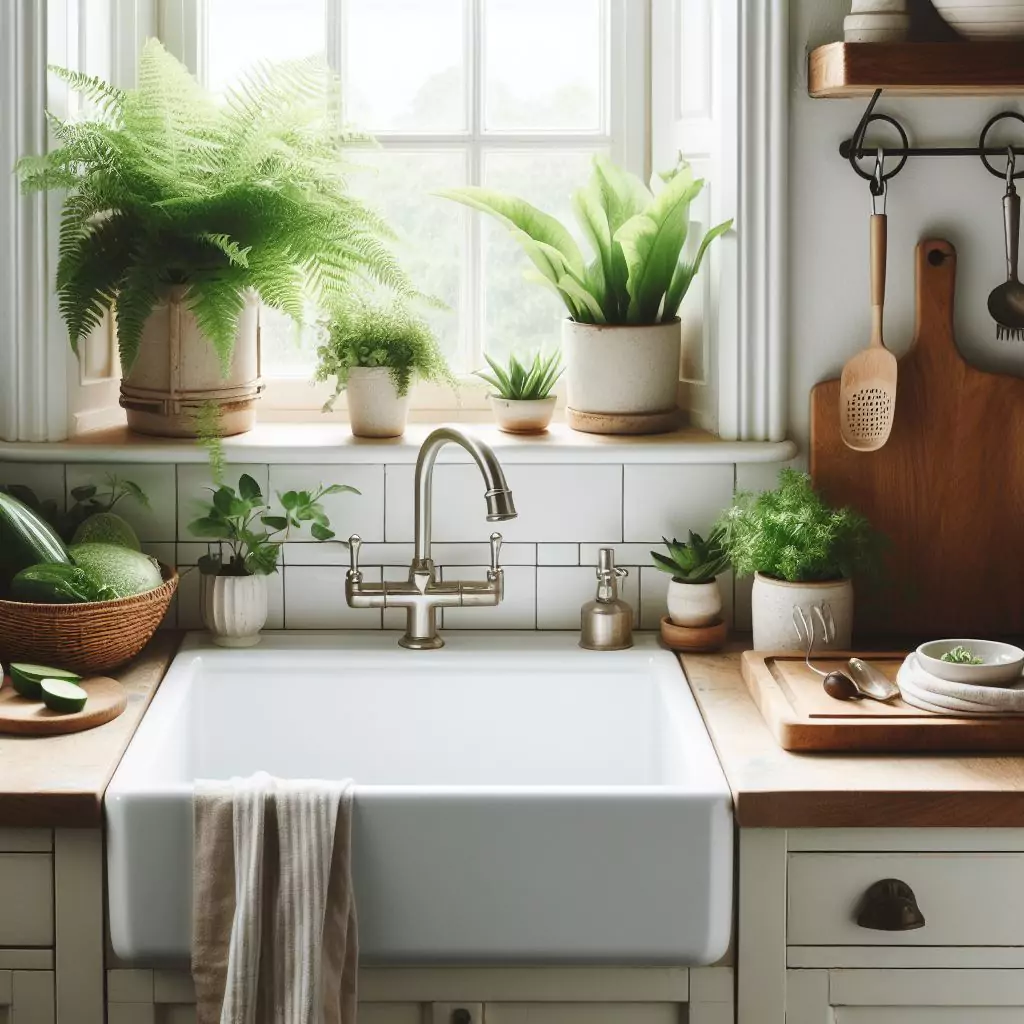 "Farmhouse kitchen with an apron-front sink, traditional-style faucets, and rustic soap dispensers, exuding vintage charm and offering practical functionality."