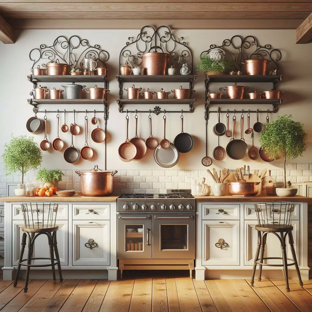 "Farmhouse kitchen with open-frame pot racks featuring copper or wrought iron, showcasing the cookware collection, saving cabinet space, and adding a touch of rustic elegance."