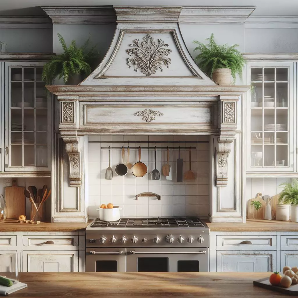 "Farmhouse kitchen with a distinctive range hood featuring rustic details or a distressed finish, adding both functional and aesthetic appeal as a focal point."