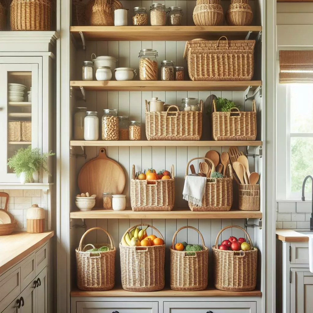 "Farmhouse kitchen with open shelving and woven baskets, combining functionality and flair for organized storage and a touch of texture."