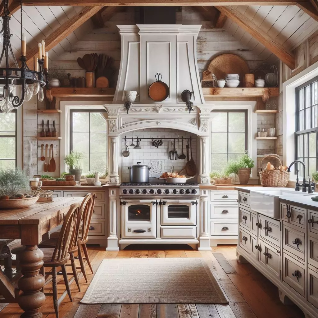 "Farmhouse kitchen with a bold statement, featuring a farmhouse-style range with vintage-inspired details like decorative knobs or a retro color palette, adding functionality and visual interest to the cooking space."