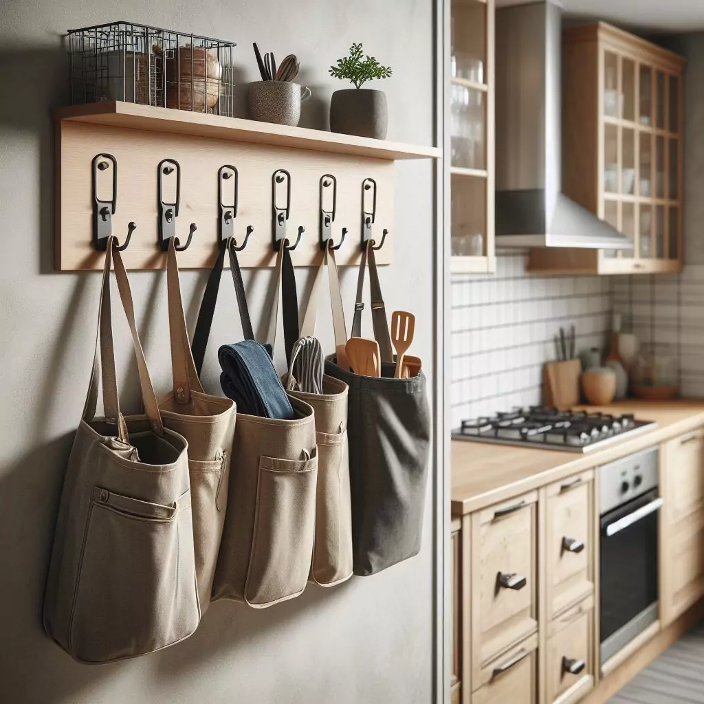 "Hooks on the kitchen entryway wall, organizing aprons, utensils, and bags for practicality and organization."