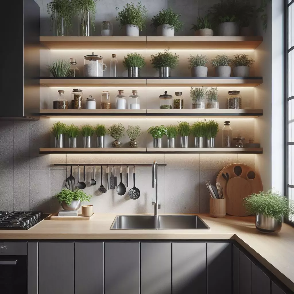 Kitchen entryway with floating shelves, displaying decorative items and kitchen essentials, balancing functionality and contemporary style.