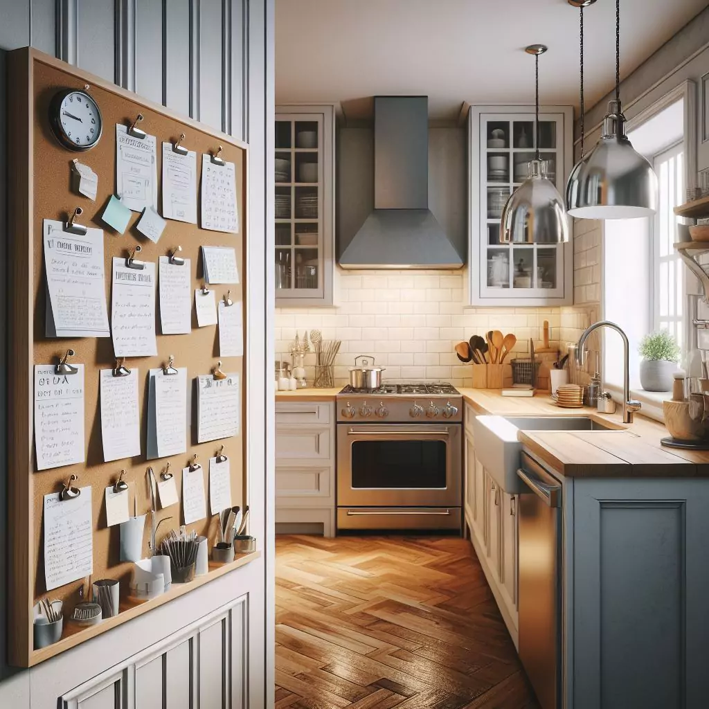 "Kitchen entryway with a functional message board, aiding organization and efficiency in culinary routines."