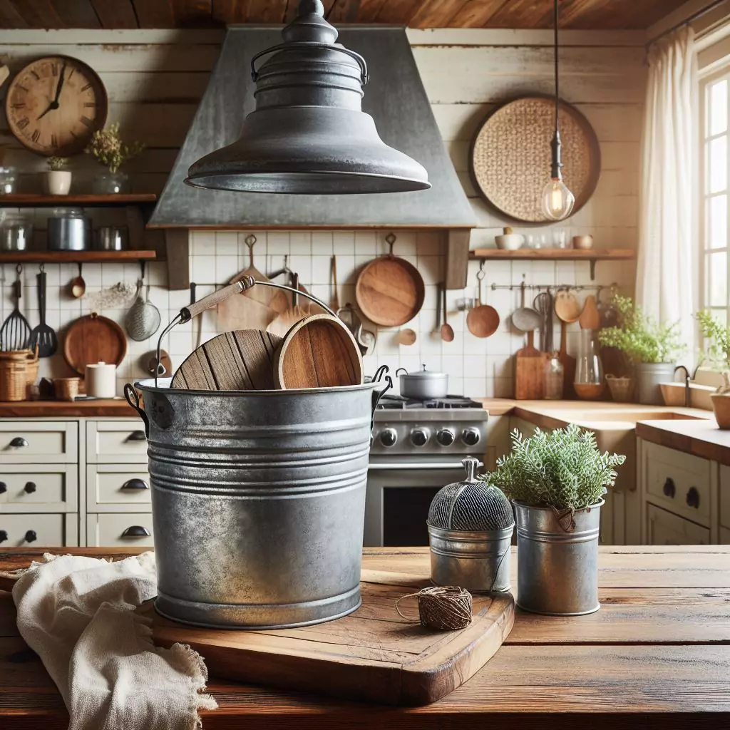 "Farmhouse kitchen with industrial farmhouse charm, featuring galvanized metal decor like buckets, trays, or containers, adding unique texture and complementing the rustic charm."