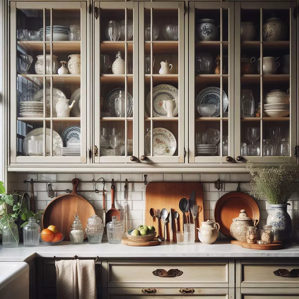 "Farmhouse kitchen with glass-front cabinets showcasing vintage dishes, glassware, or collectibles, adding a curated and elegant look and encouraging organization while allowing appreciation of cherished items."