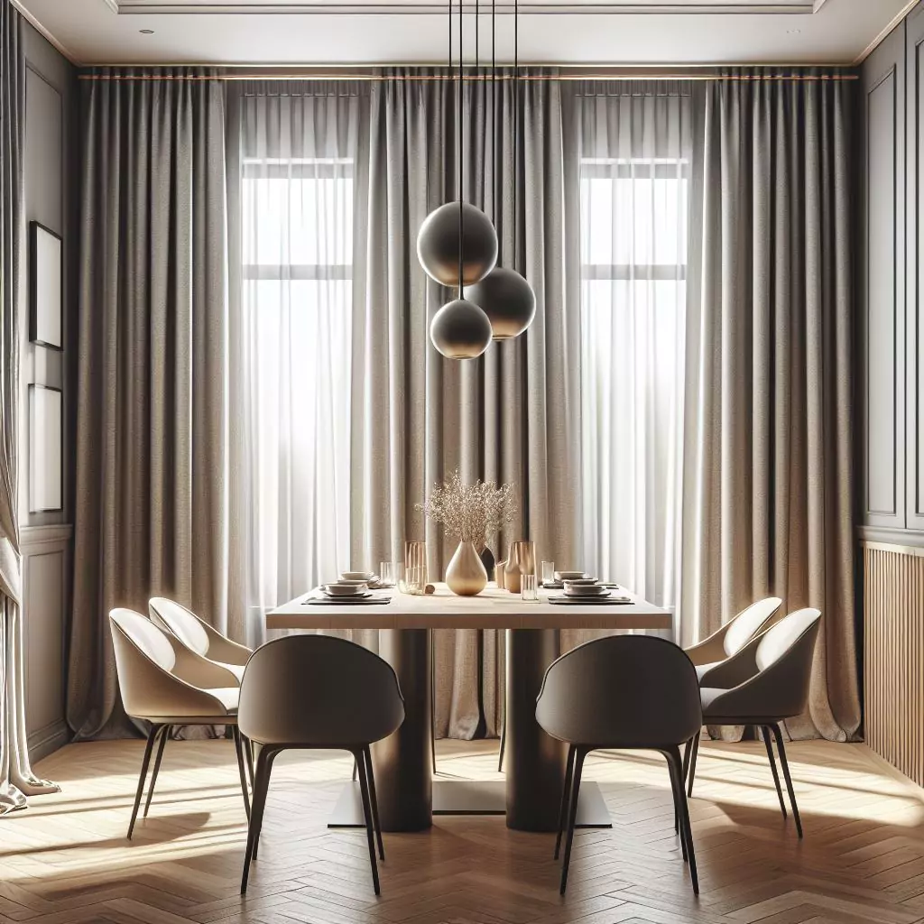 "Dining room adorned with modern grommet curtains. The contemporary and stylish design adds a sleek and fashionable touch to the space."