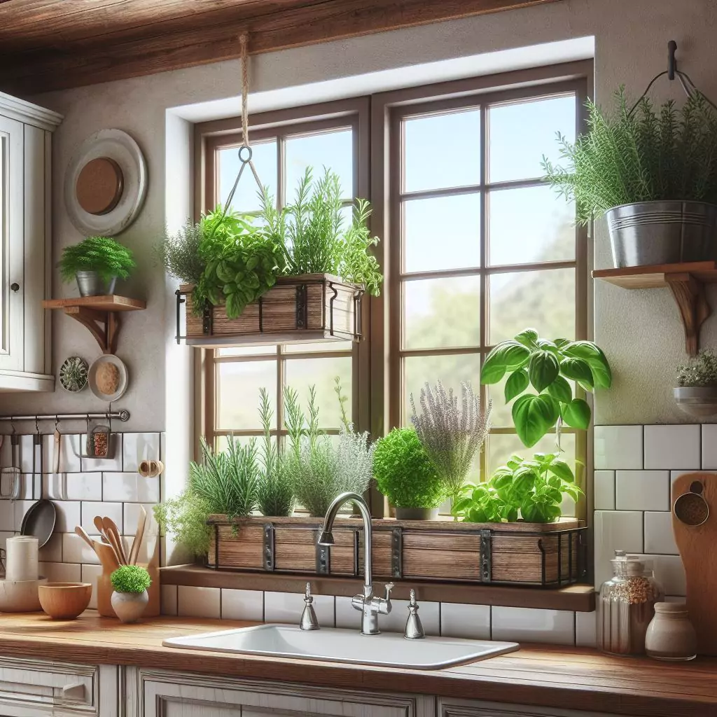 "Farmhouse kitchen featuring a herb garden window with herbs like basil, rosemary, and thyme grown on a windowsill or hanging planter, adding freshness to culinary creations and a charming natural element."