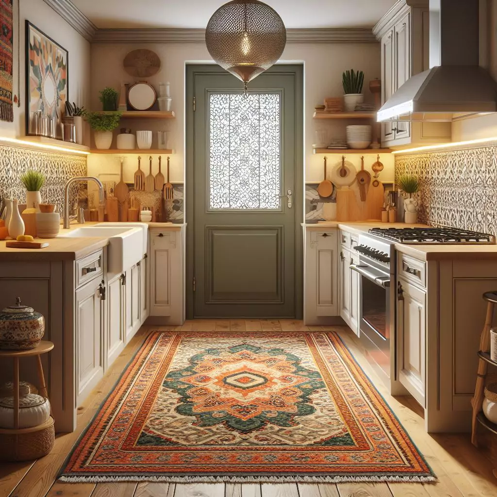 "Kitchen entryway adorned with a vibrant statement rug, welcoming guests with warmth and style."