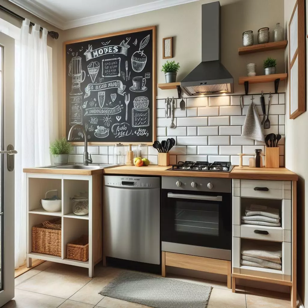 "Small kitchen entryway with a chalkboard for notes and doodles, adding a playful touch and enhancing functionality."
