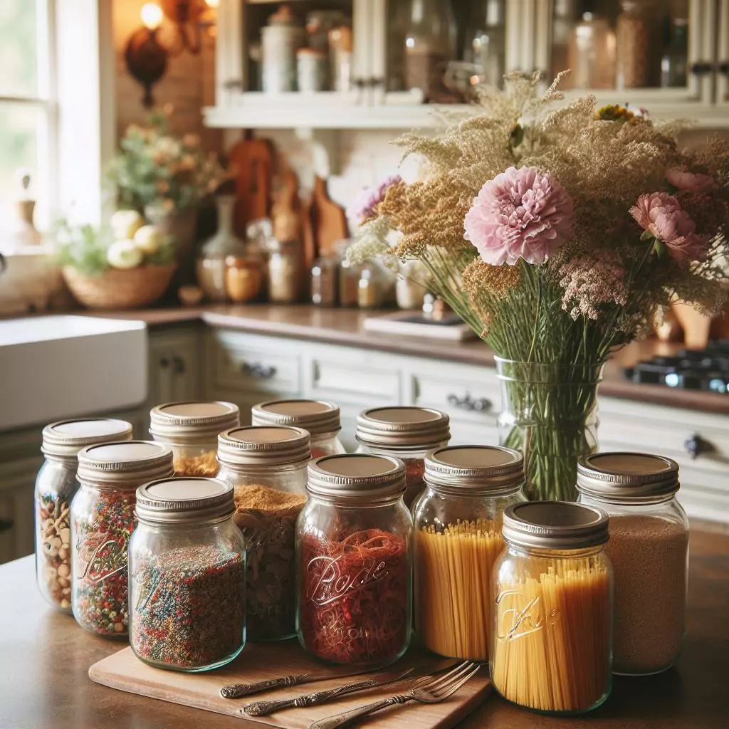 "Farmhouse kitchen with mason jars on countertops, filled with colorful spices, pasta, or fresh flowers, adding rustic charm and practical decor."