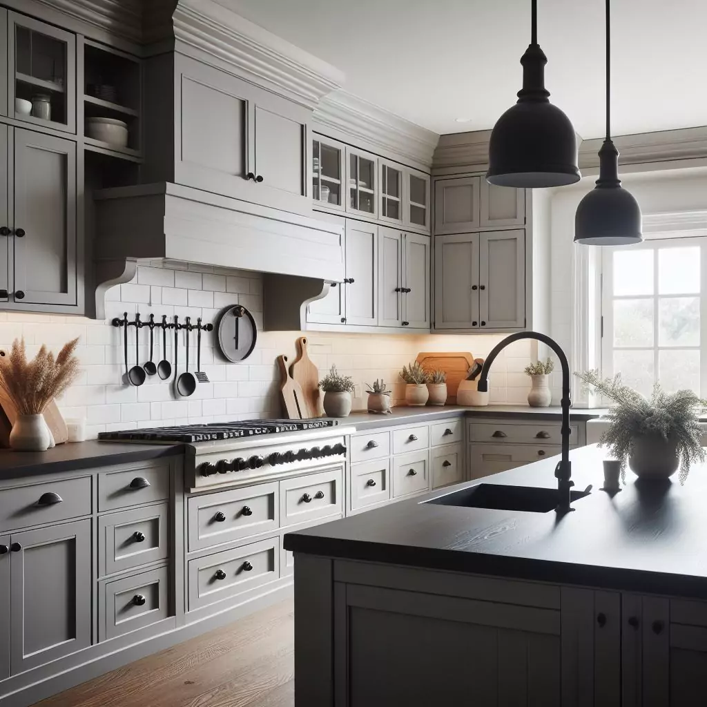 "Farmhouse kitchen with matte black fixtures, including faucets, cabinet handles, and light fixtures, adding a modern twist and sophistication while maintaining the farmhouse aesthetic."