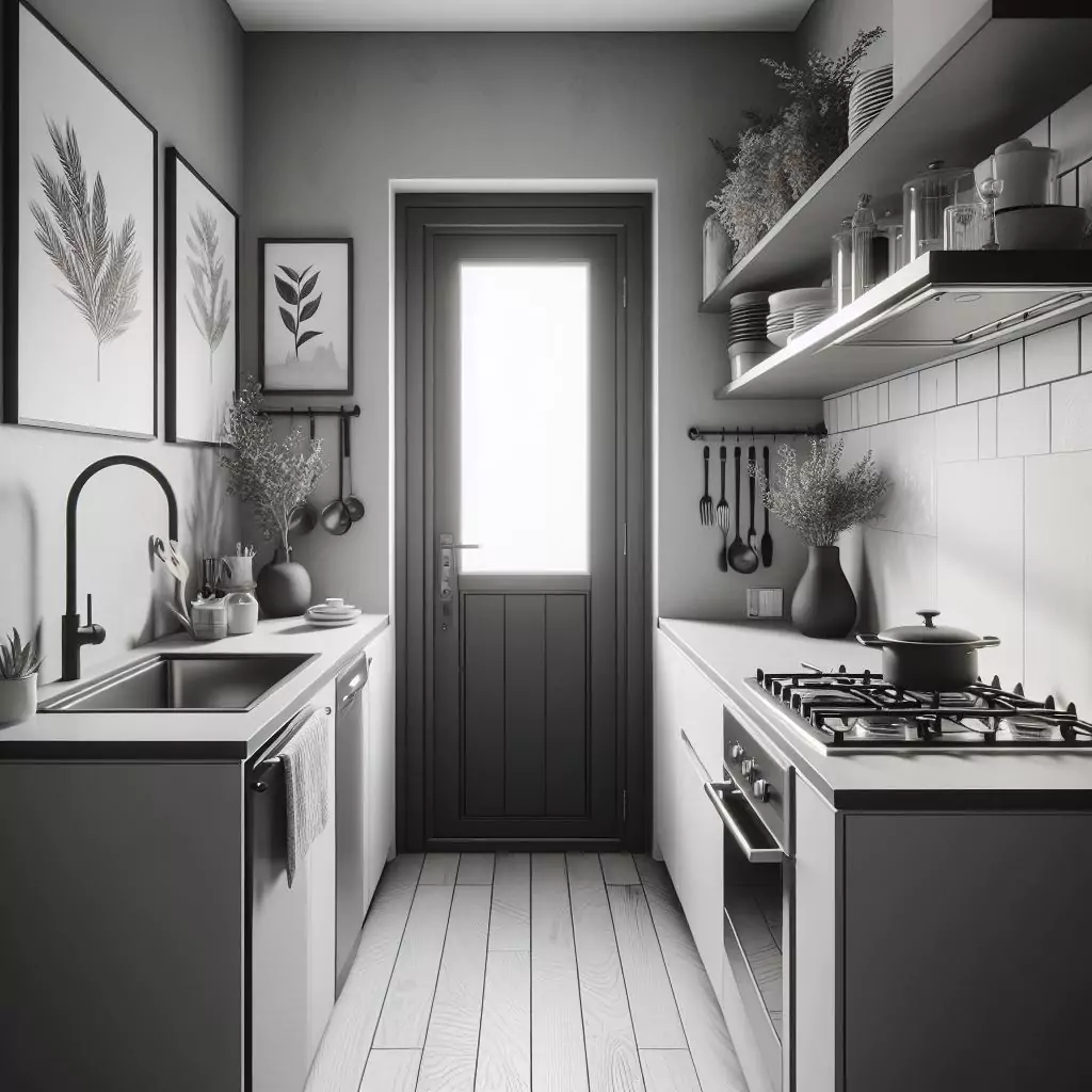 "Small kitchen entryway with a monochromatic palette, creating a cohesive and sophisticated look."