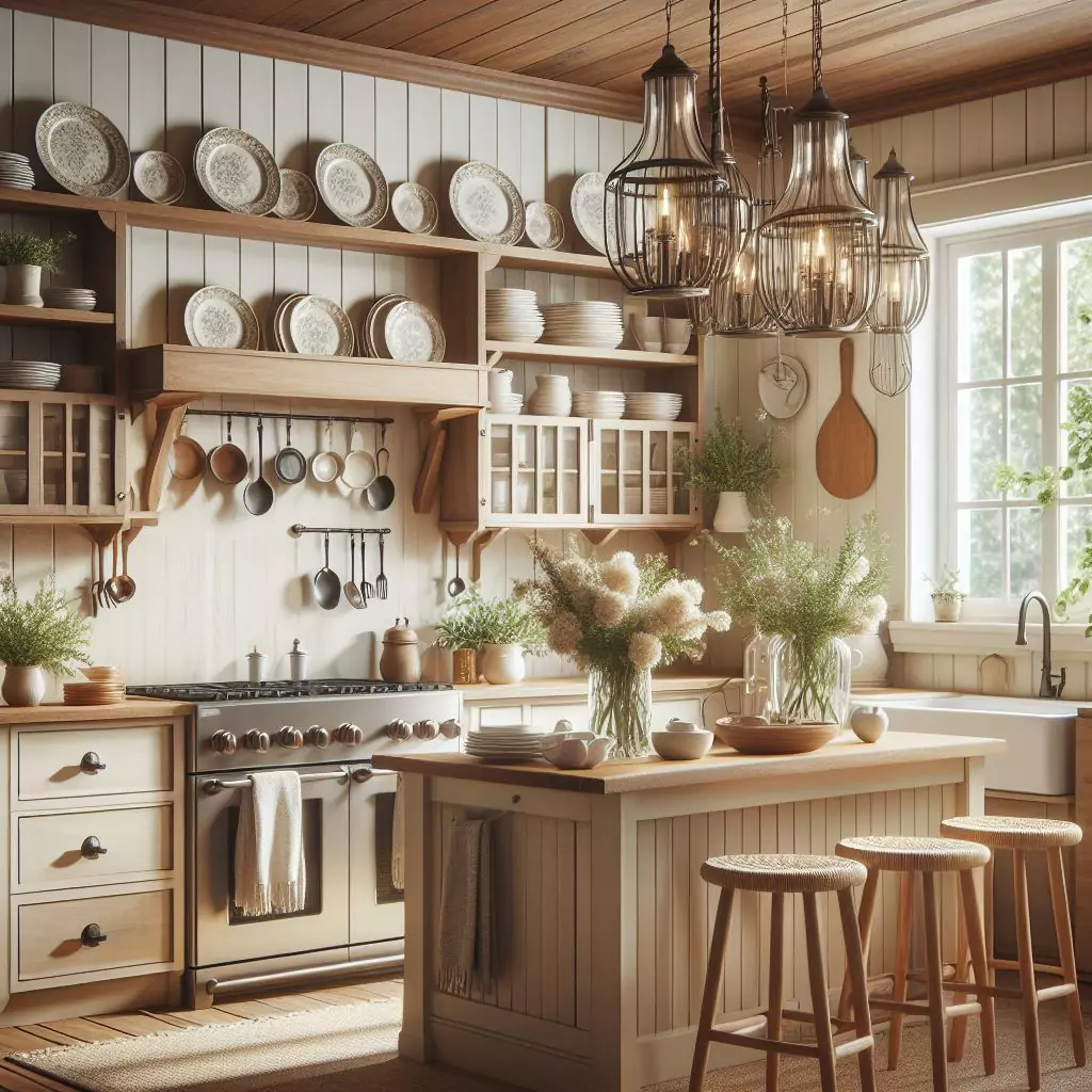 "Farmhouse kitchen showcasing style with open-face plate racks, displaying vintage plates or colorful dishes for practical storage and decorative appeal, adding a personalized touch and encouraging a curated and organized look."