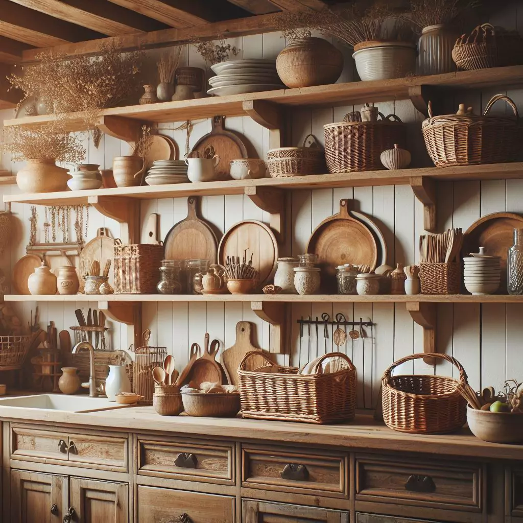 "Farmhouse kitchen with open-frame wooden shelves displaying woven baskets, vintage dishes, and rustic decor items, adding authenticity and creating an open and airy feel."