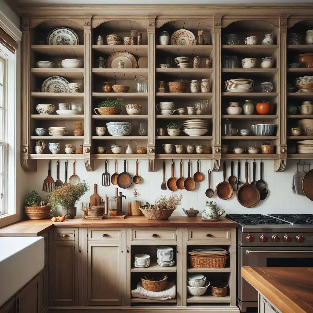 "Farmhouse kitchen with open-frame shelving, showcasing vintage plates, bowls, and antique kitchen tools for a curated look and easy access to cherished items."