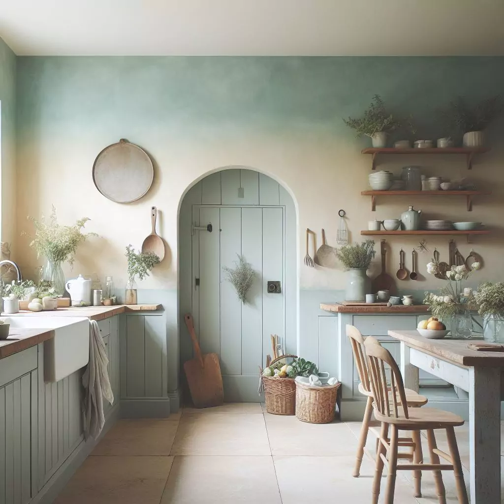 "Farmhouse kitchen with soft pastel walls, evoking a calming ambiance and complementing rustic elements for a fresh and airy feel."