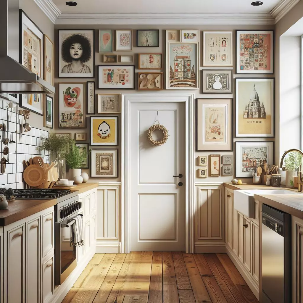 "Kitchen entryway with a gallery arrangement of artwork, reflecting personality and warmth."