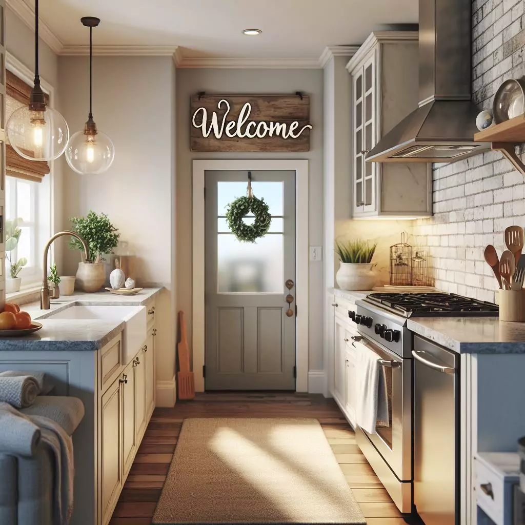 "Kitchen entryway with a personalized welcome sign, setting a warm and inviting tone and adding a personal touch to the space."