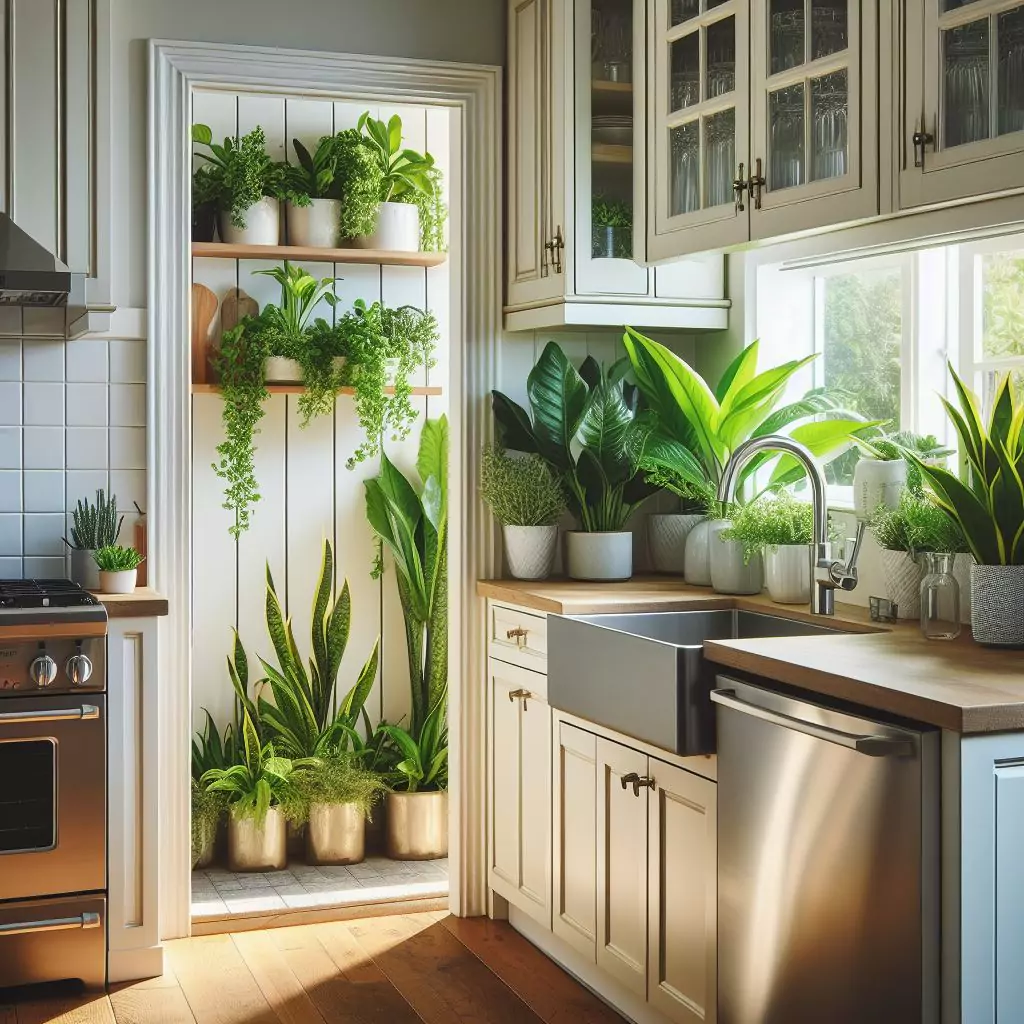 "Kitchen entryway adorned with strategically placed potted plants, adding a refreshing touch and creating a vibrant, inviting atmosphere."