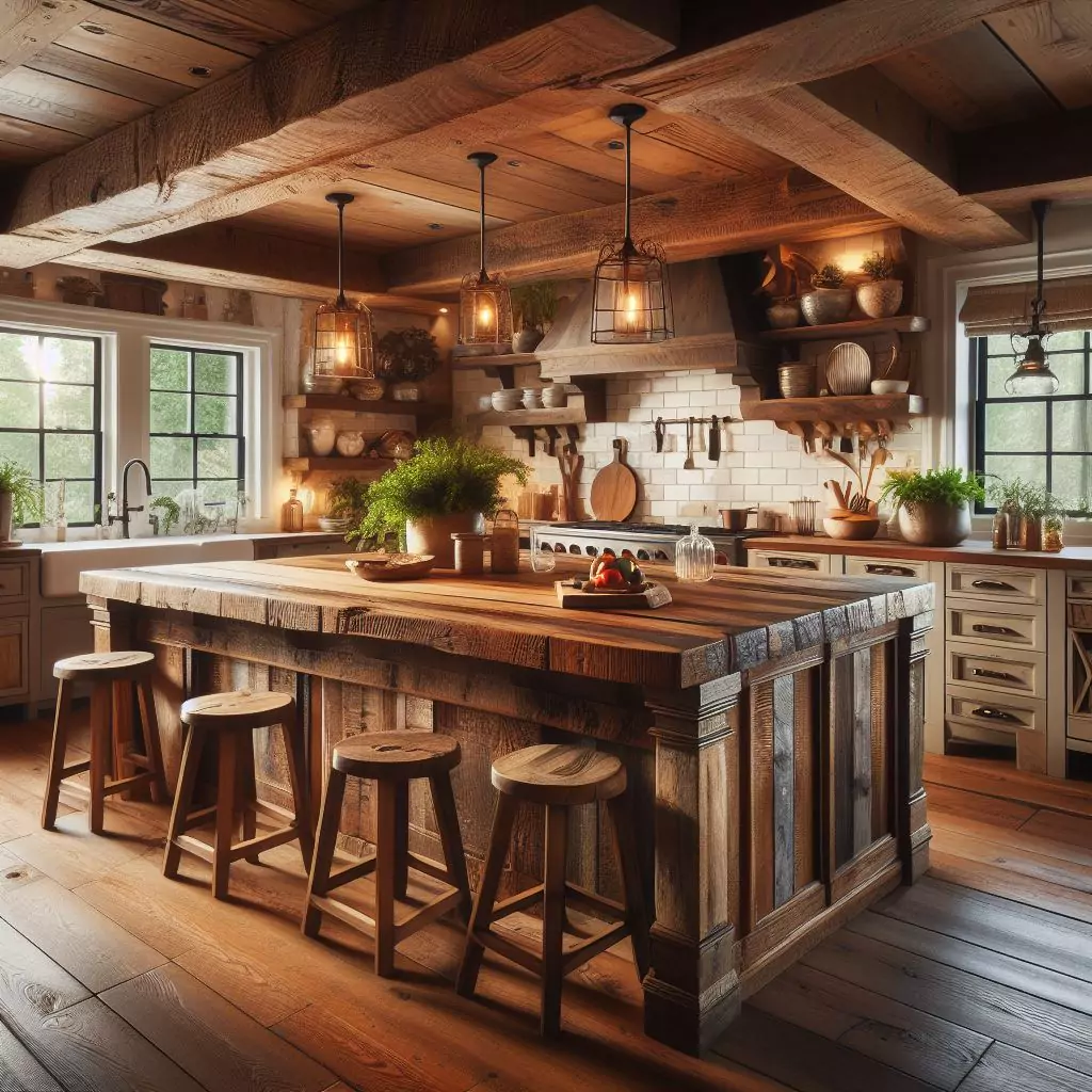 "Farmhouse kitchen with reclaimed wood accents, featuring wooden beams, a kitchen island, and bar stools for rustic warmth and character."
