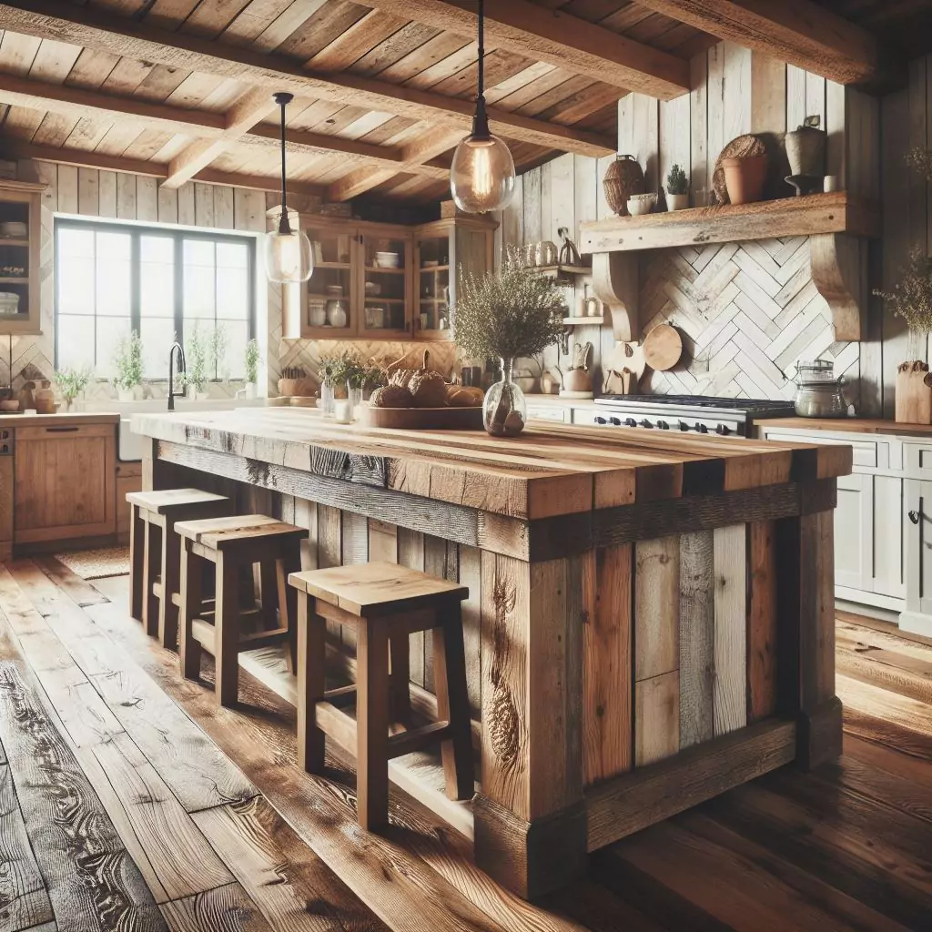 "Farmhouse kitchen with a rustic kitchen island crafted from distressed wood or reclaimed materials, providing extra storage, prep space, and a cozy gathering spot."