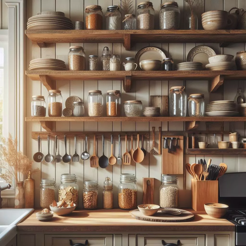 "Farmhouse kitchen with open shelving, showcasing rustic dinnerware, vintage utensils, and mason jars filled with dried goods for an authentic and accessible display."