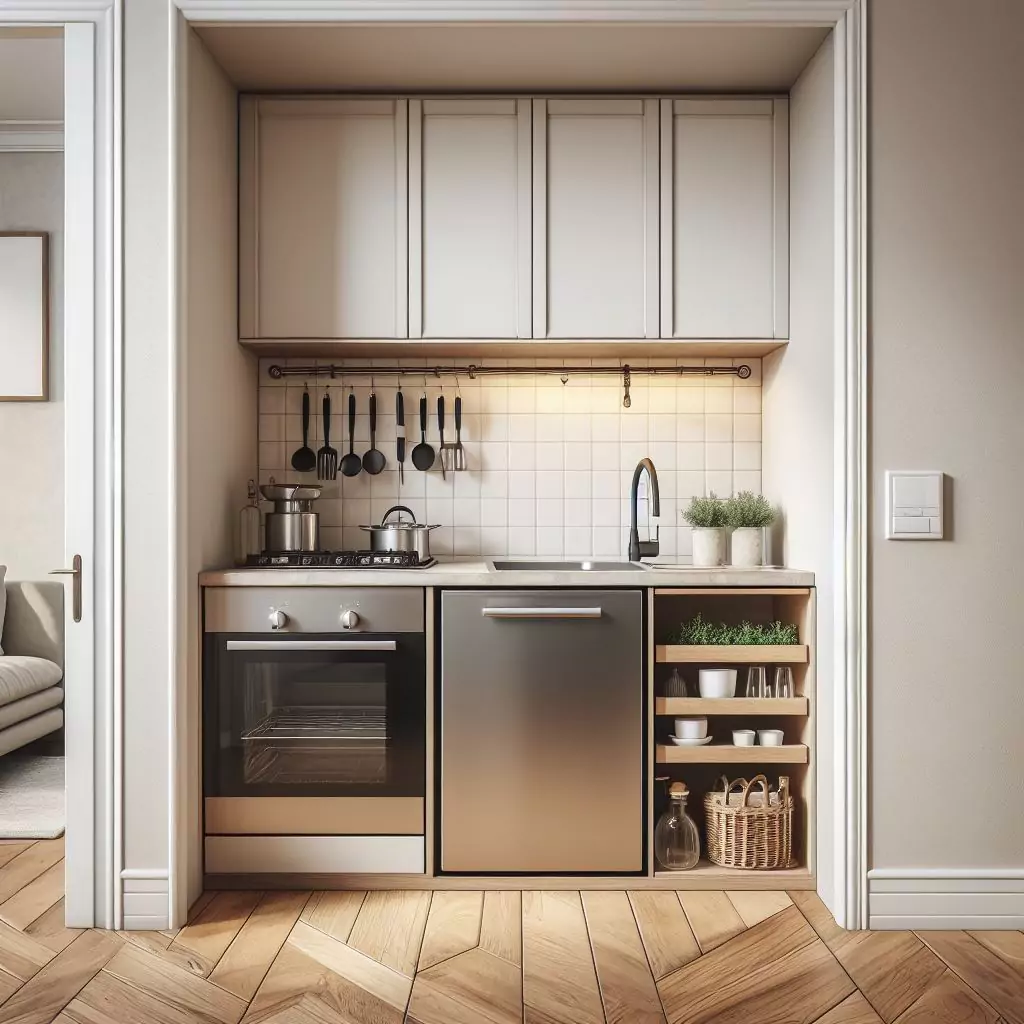"Kitchen entryway with a slim cabinet, discreetly storing essentials for a tidy and functional space."
