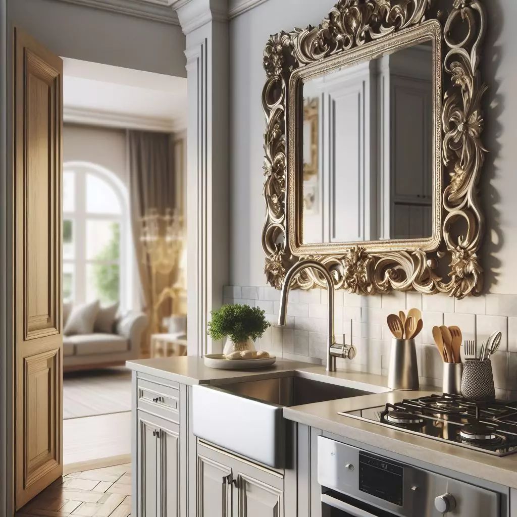 "Kitchen entryway with a statement mirror, adding visual appeal and reflecting natural light for an elegant and welcoming ambiance."
