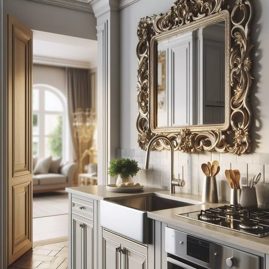 "Kitchen entryway with a statement mirror, adding visual appeal and reflecting natural light for an elegant and welcoming ambiance."