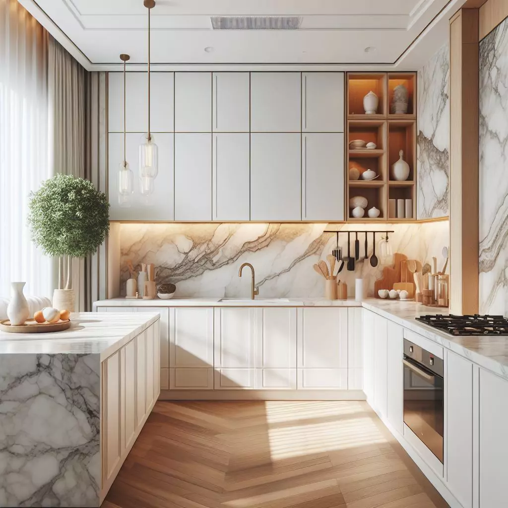 "Apartment kitchen with warm whites and marble accents, adding sophistication and a timeless, classy vibe."