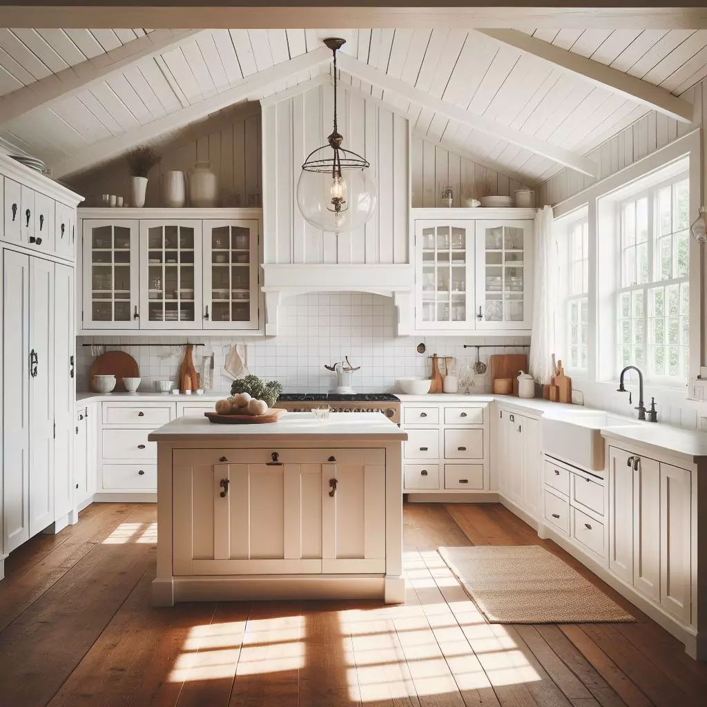 "Farmhouse kitchen with classic white cabinetry, offering a clean and bright aesthetic for a timeless and versatile backdrop."