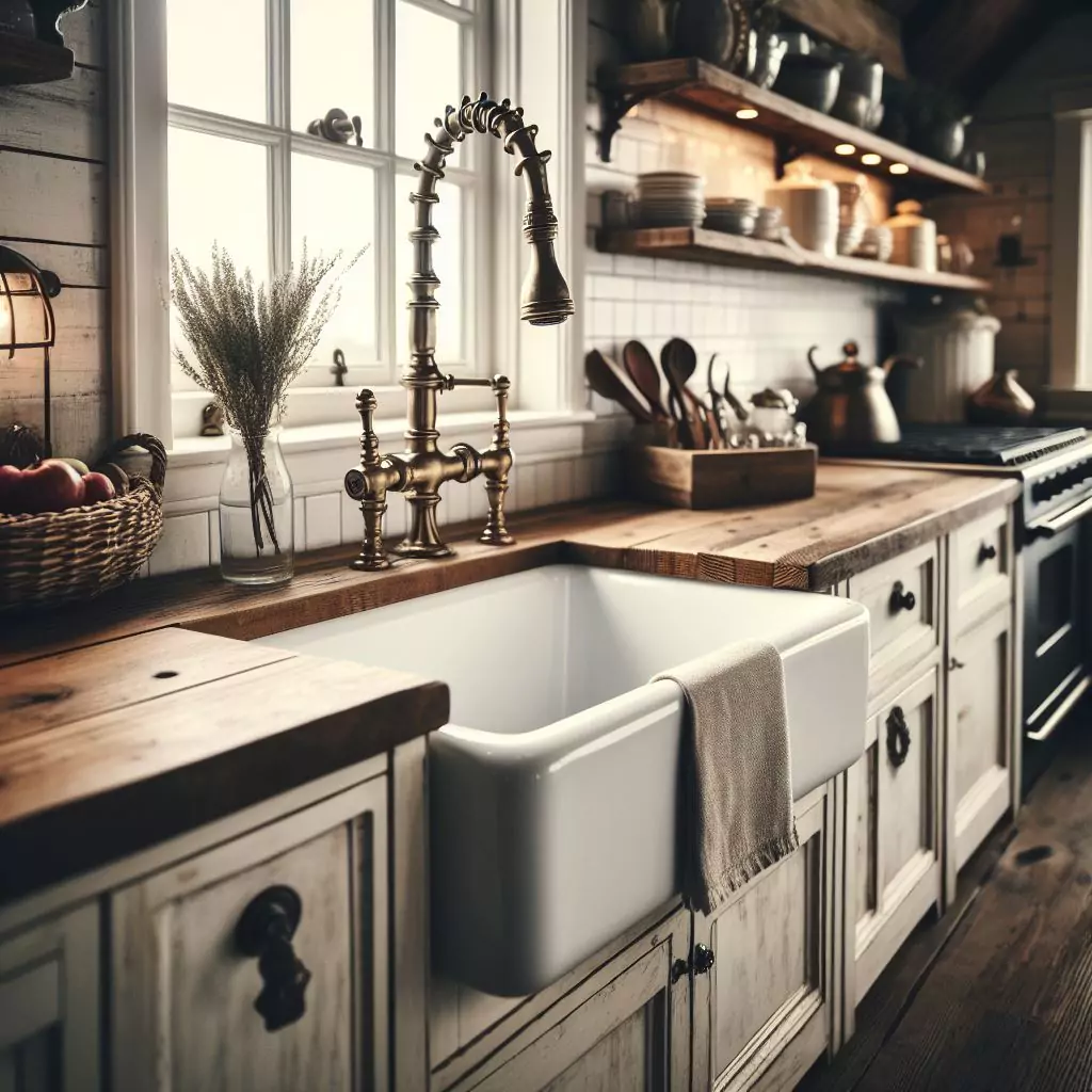 "Farmhouse kitchen with vintage-style faucets, featuring options like cross handles, bridge designs, or rustic finishes, enhancing the overall charm and adding a nostalgic touch for authenticity."