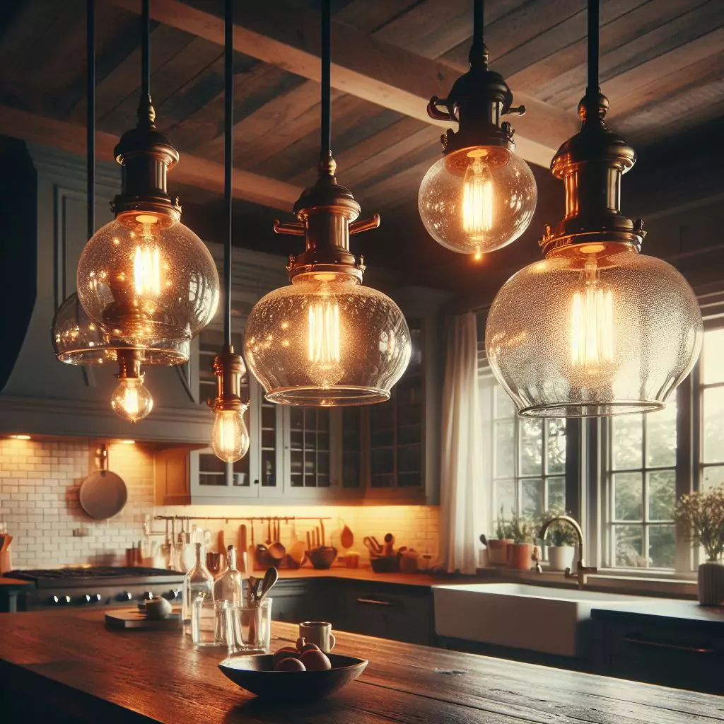 "Farmhouse kitchen illuminated by the warm glow of glass pendant lights with clear or seeded glass shades, hanging above the kitchen island or dining area, creating a cozy and inviting ambiance with a touch of vintage elegance."