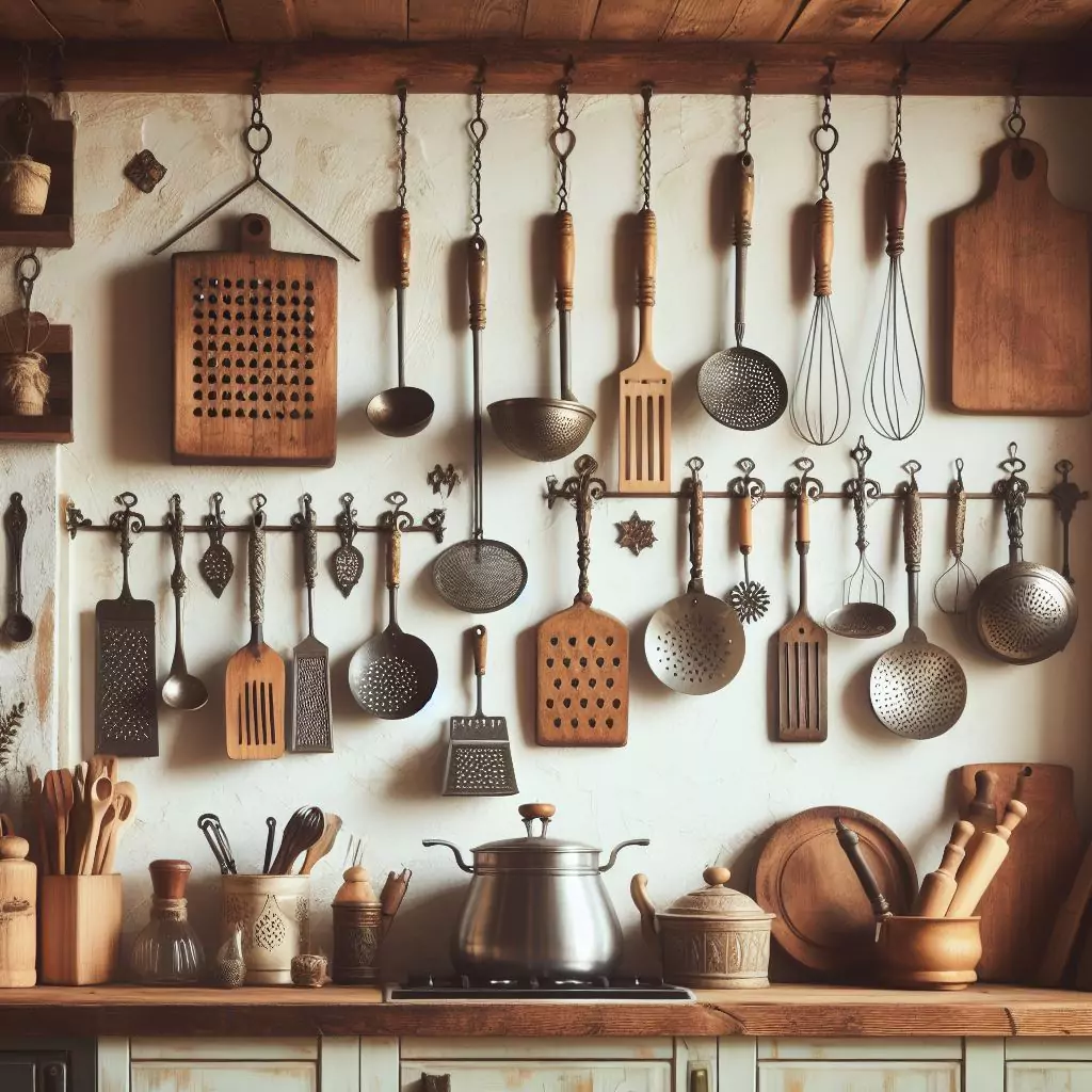 "Farmhouse kitchen with vintage kitchen tools hanging on the walls, featuring antique ladles, graters, or rolling pins as decorative elements, adding a touch of history and creating a visually interesting focal point."