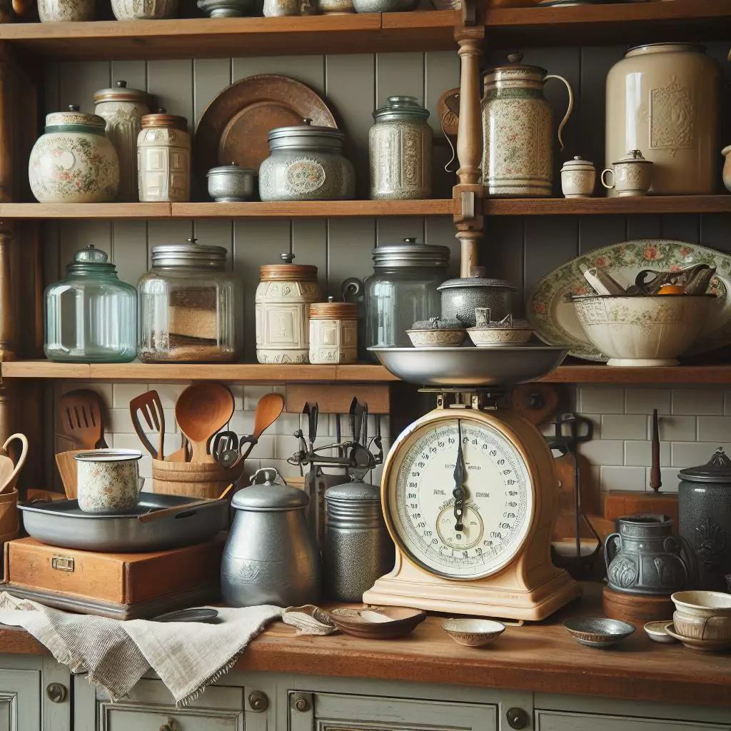 "Farmhouse kitchen with vintage-inspired kitchenware displayed on open shelves or countertops, adding a touch of history and functional, charming decor."