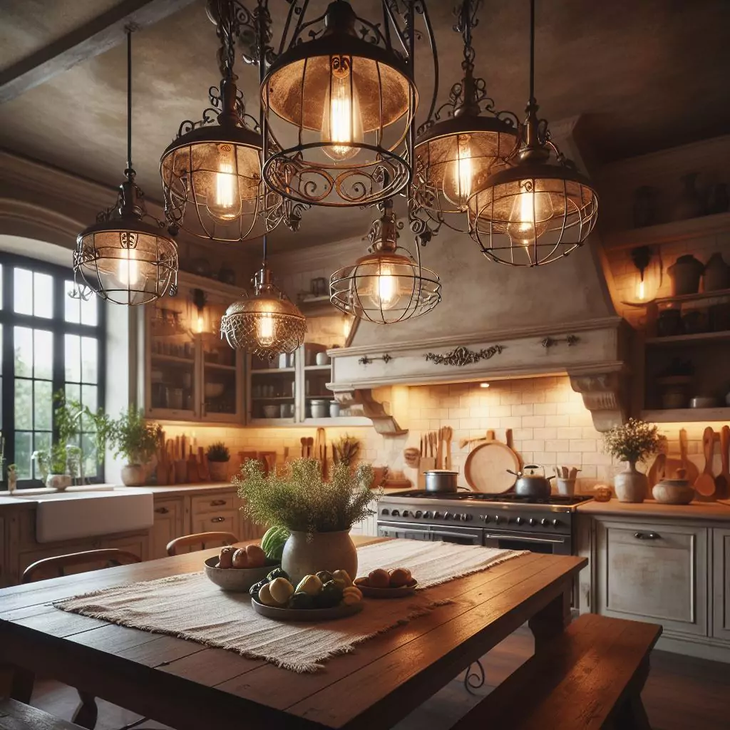 "Farmhouse kitchen with vintage-inspired lighting, featuring pendant lights with wrought iron details or distressed chandeliers for a warm and inviting atmosphere."
