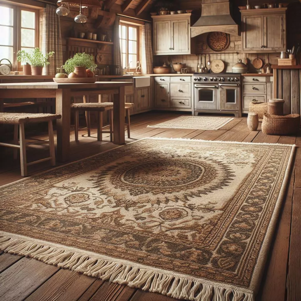 "Farmhouse kitchen with a vintage-inspired rug, featuring a patterned or textured design with earthy tones, defining the kitchen area and adding a cozy and inviting atmosphere underfoot."