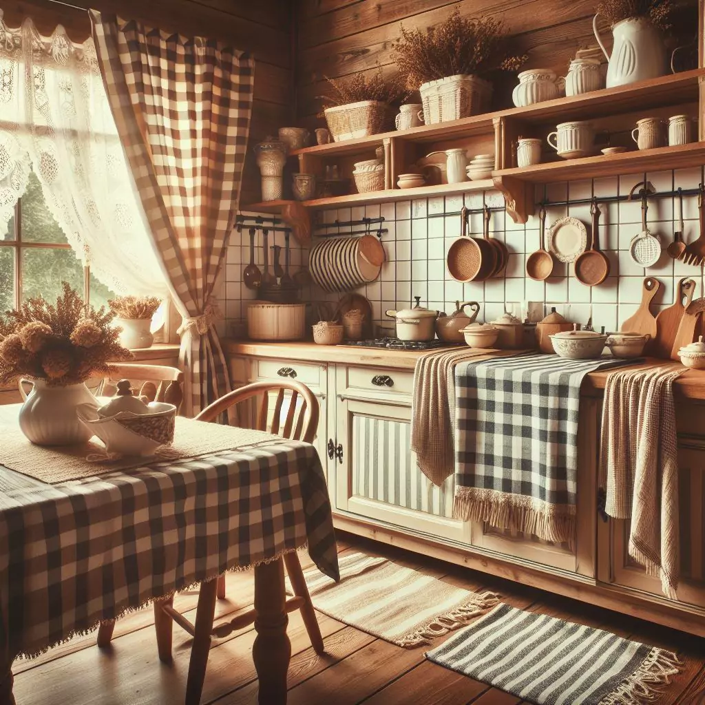 "Farmhouse kitchen with vintage-inspired textiles, featuring checkered or striped patterns on curtains, tablecloths, and dish towels, adding nostalgia and comfort to the space."