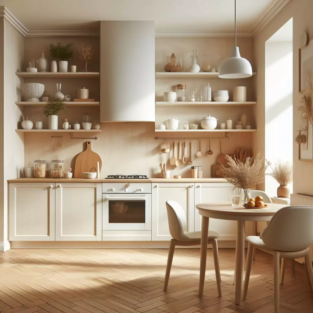 "Apartment kitchen with warm neutral whites, creating a cozy and inviting ambiance for comfortable cooking and gathering."