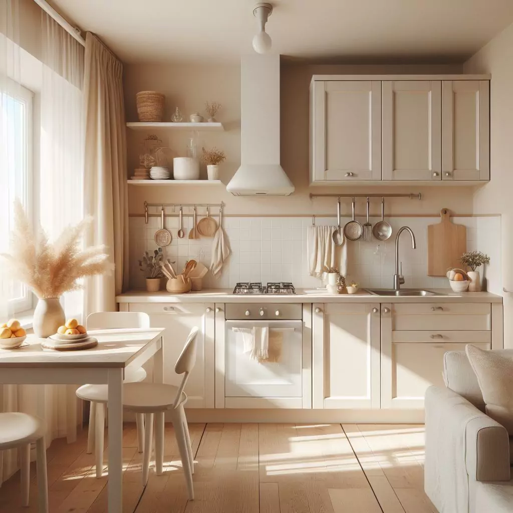 "Apartment kitchen with warm neutral whites, creating a cozy and inviting ambiance for comfortable cooking and gathering."