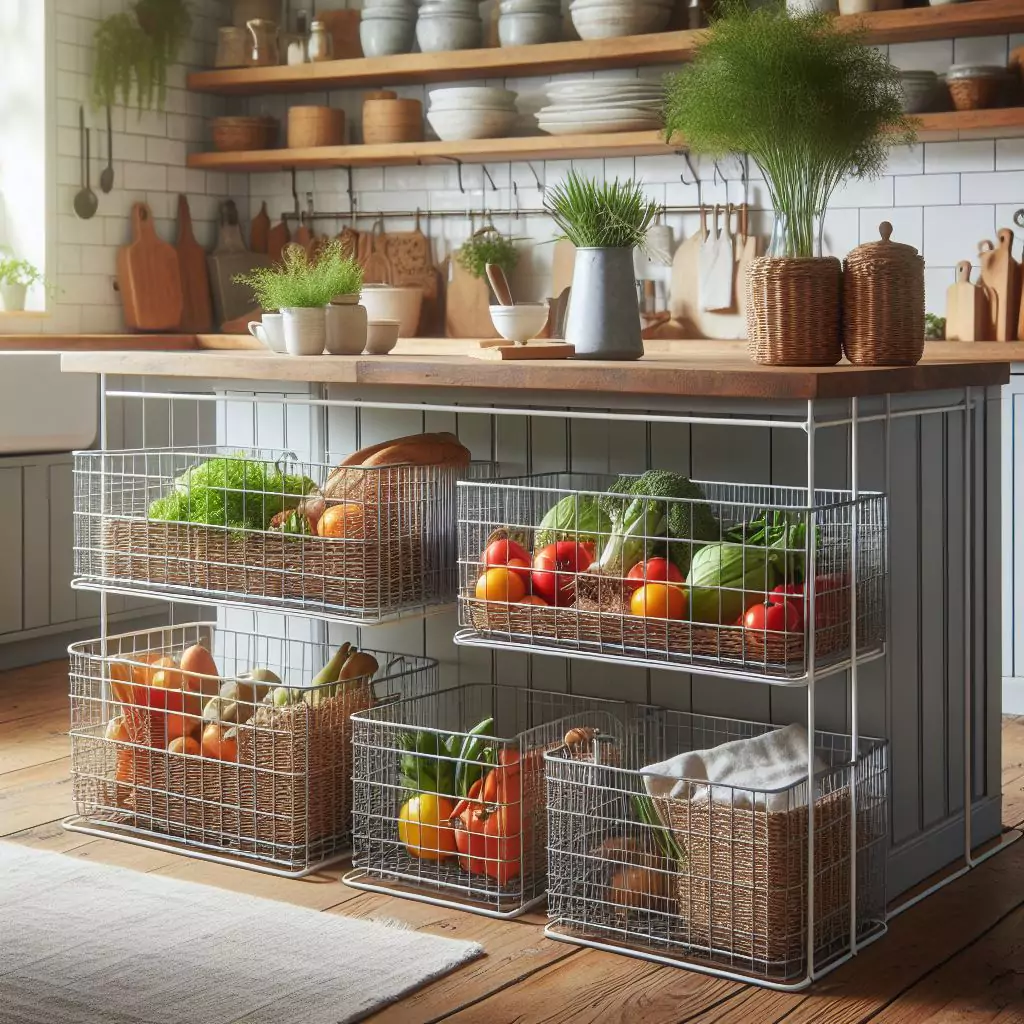 "Farmhouse kitchen with open wire baskets for stylish storage, placed on shelves or underneath the island, adding an airy feel and showcasing the charm of farmhouse organization."
