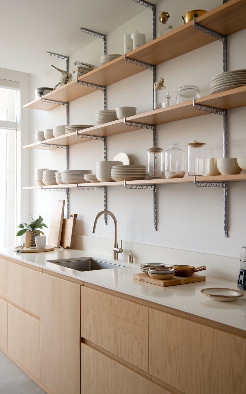 A photo of a bright apartment kitchen with floor-to-ceiling open shelving. Various stylishly arranged kitchenware like plates, bowls, and glass jars occupy the shelves. The shelves have a natural wood finish that complements a sleek, minimalist countertop, maximizing storage space while creating an airy and functional look.