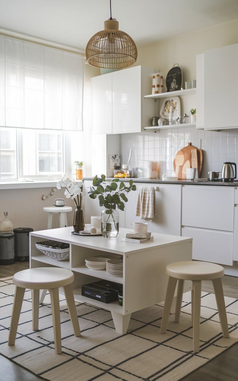 A photo of a compact apartment kitchen with a modern coffee table at the center. The table features hidden storage compartments and is surrounded by stools. There are stylish decor items on top of the table. The room is practical, organized, and ideal for small gatherings or casual dining. The title is "Functional".