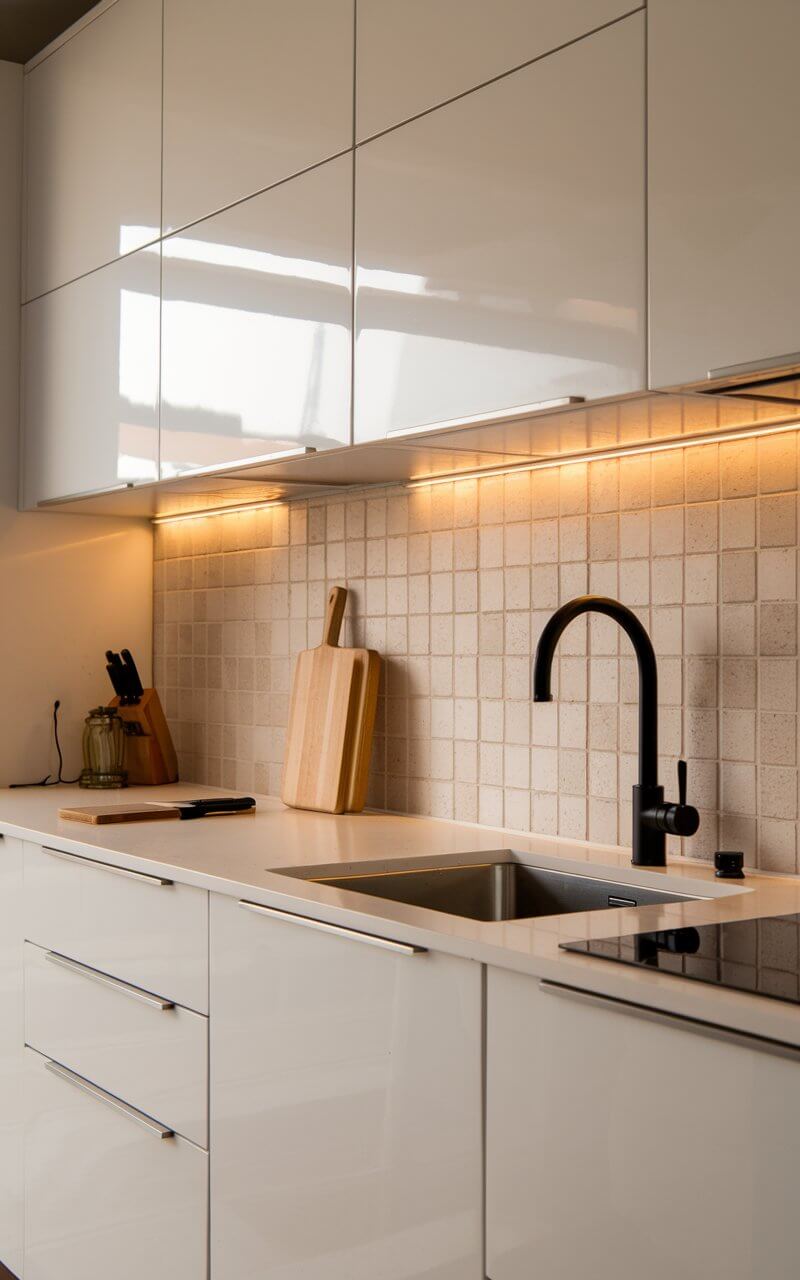 A photo of a modern kitchen with sleek white cabinets and under-cabinet lighting. The warm LED lights softly illuminate the countertop workspace, creating a cozy and functional cooking environment. A stainless steel sink is placed next to the cabinets, and a black faucet is mounted on the wall above the sink. A beige tile backsplash covers the wall behind the sink and cabinets. A wooden cutting board and a knife are placed on the countertop near the sink.