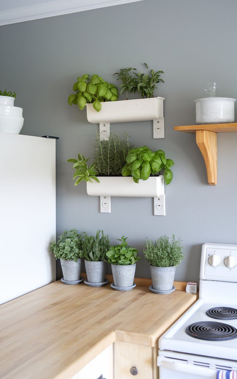 A photo of a kitchen with small herb plants in wall-mounted planters and pots on the countertop. Fresh herbs like basil, rosemary, and thyme bring life and greenery into the kitchen, making the space both practical and visually refreshing. The walls are painted a soft gray, and the countertops are made of a light wood. There is a white stove, a white refrigerator, and a wooden shelf with a few items on it.