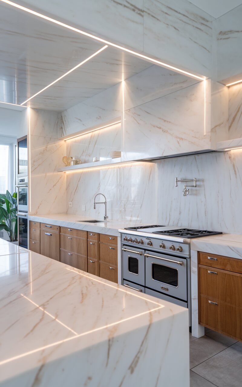 A photo of a sleek, modern kitchen with white marble countertops and a matching backsplash. The marble surfaces glisten under warm lighting, adding a luxurious yet timeless element. The overall design is clean, bright, and sophisticated. There is a stainless steel sink with a modern faucet, a double oven range with a gas cooktop, and a wall-mounted shelf. The kitchen has wooden cabinetry with sleek hardware. The floor is covered with grey tiles. There is a potted plant near the window.