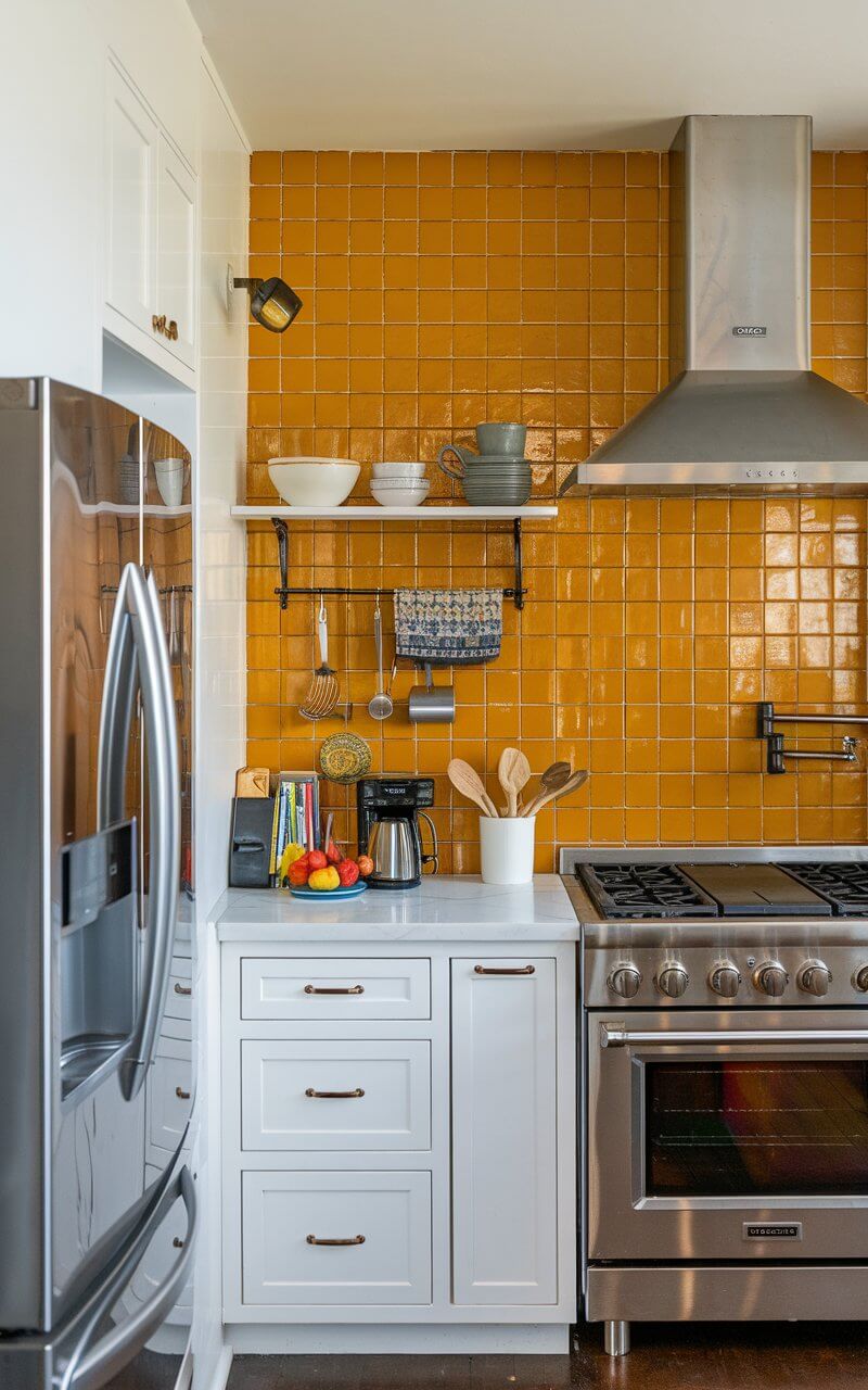 A photo of a vibrant kitchen with a splash of mustard yellow on the backsplash or accent wall. The yellow adds energy to the space, contrasting with stainless steel appliances and white cabinetry. The room feels cheerful and lively, making it a focal point for conversation and activity.