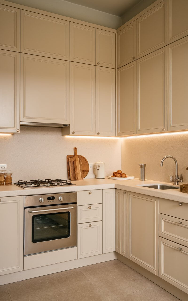 A serene apartment kitchen with warm off-white tones across cabinets, walls, and countertops. The stainless steel appliances, including a gas stove and sink, blend with the soft lighting to create a welcoming, cozy environment. The neutral whites bring a timeless ambiance to the space. The backsplash has a subtle texture, adding depth to the otherwise plain walls. A wooden cutting board and a few cooking utensils are placed on the counter.